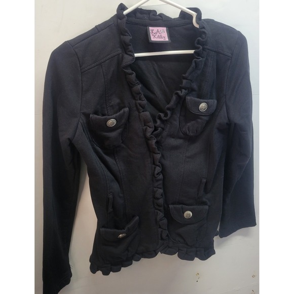 LA Kitty Black Ruffle Front Button Up Jacket Womens Size S - Picture 10 of 11